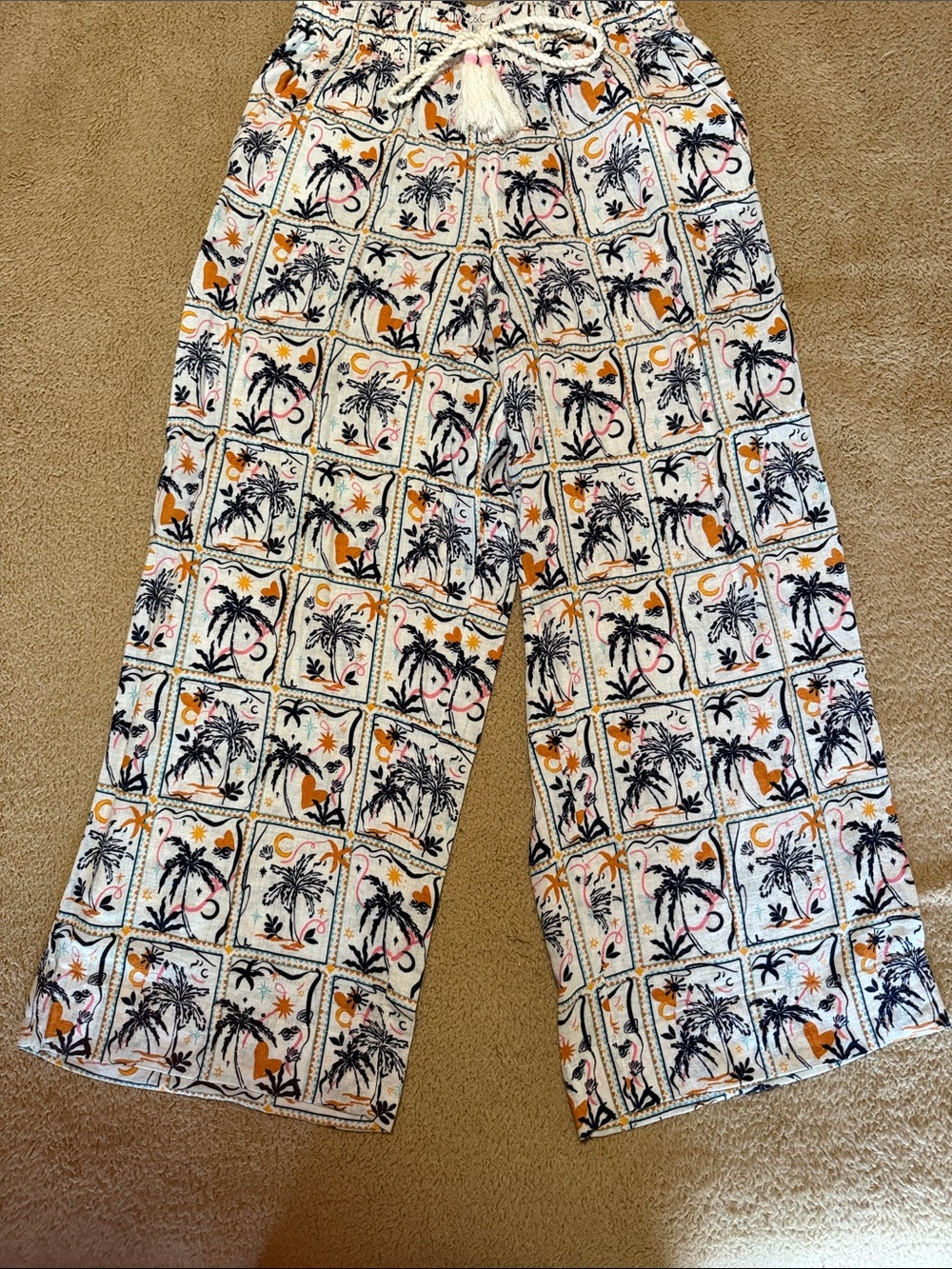 Women's White Palm-Print Wide-Leg Lounge Pants